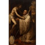 Spanish school; 17th century."Saint Bernard of Clairvaux embracing Christ".Oil on canvas. Re-