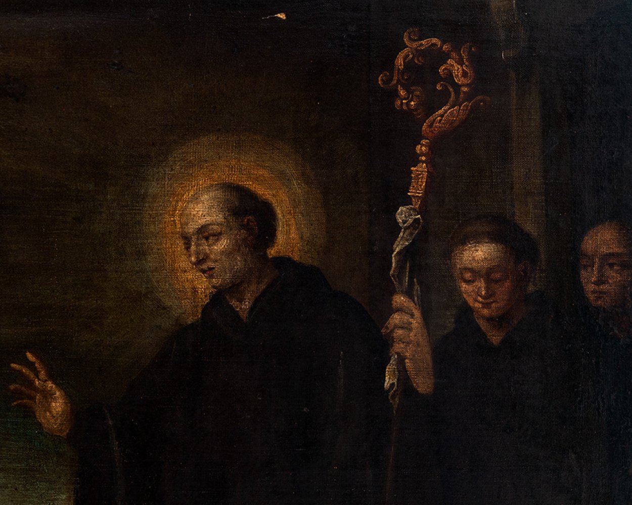 Italian school; 17th century."Saint Benedict and Totila".Oil on canvas. Re-coloured.It has - Image 4 of 7