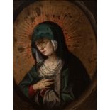 Flemish school; mid 17th century."Sorrowful Virgin".Oil on copper partially gilded.With