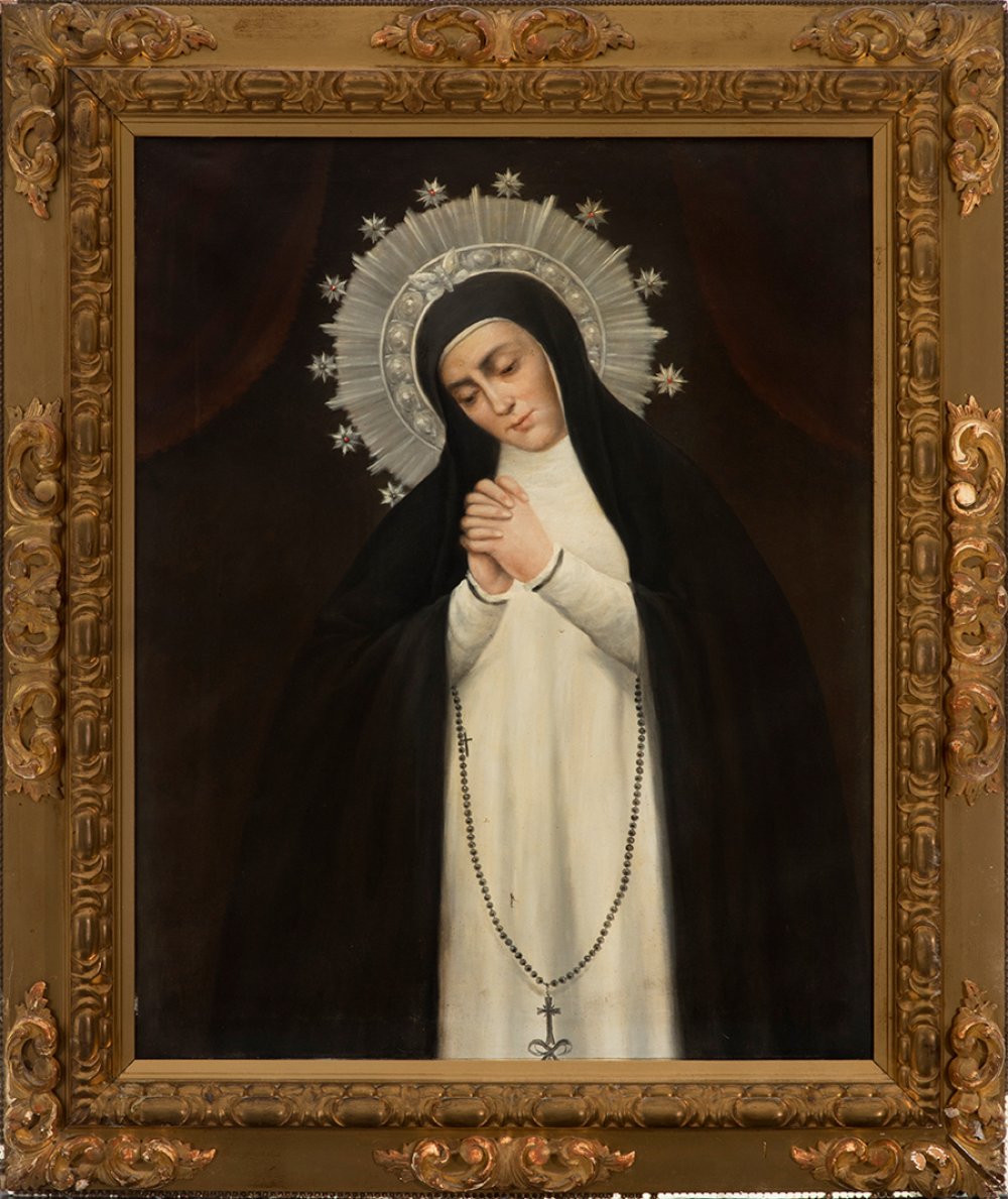 Madrid school, ca.1900. Following 19th century models."Virgin of the Dove".Oil on canvas, on - Image 3 of 3