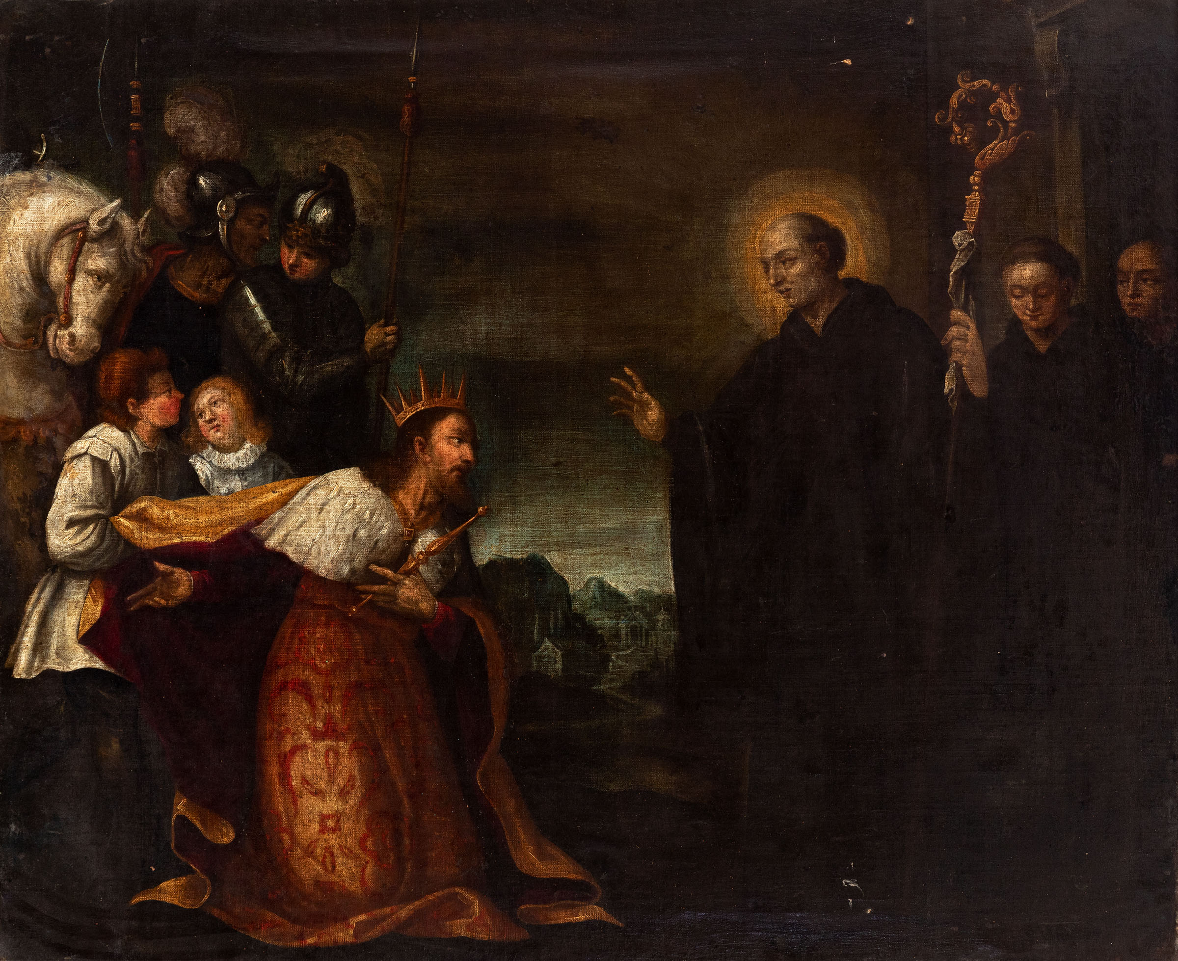 Italian school; 17th century."Saint Benedict and Totila".Oil on canvas. Re-coloured.It has