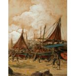 NICANOR VÁZQUEZ UBACH (Barcelona, 1861 - 1930)."Coastal scene with boats and figures".Mixed media on