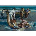 EUSTAQUI SEGRELLES DEL PILAR (Albaida, Valencia, 1936)."Fisherwomen", 1995.Oil on canvas.Signed in