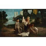 Early 20th century Spanish school."Children washing clothes", 1915.Oil on canvas.Signed "M. Pérez"