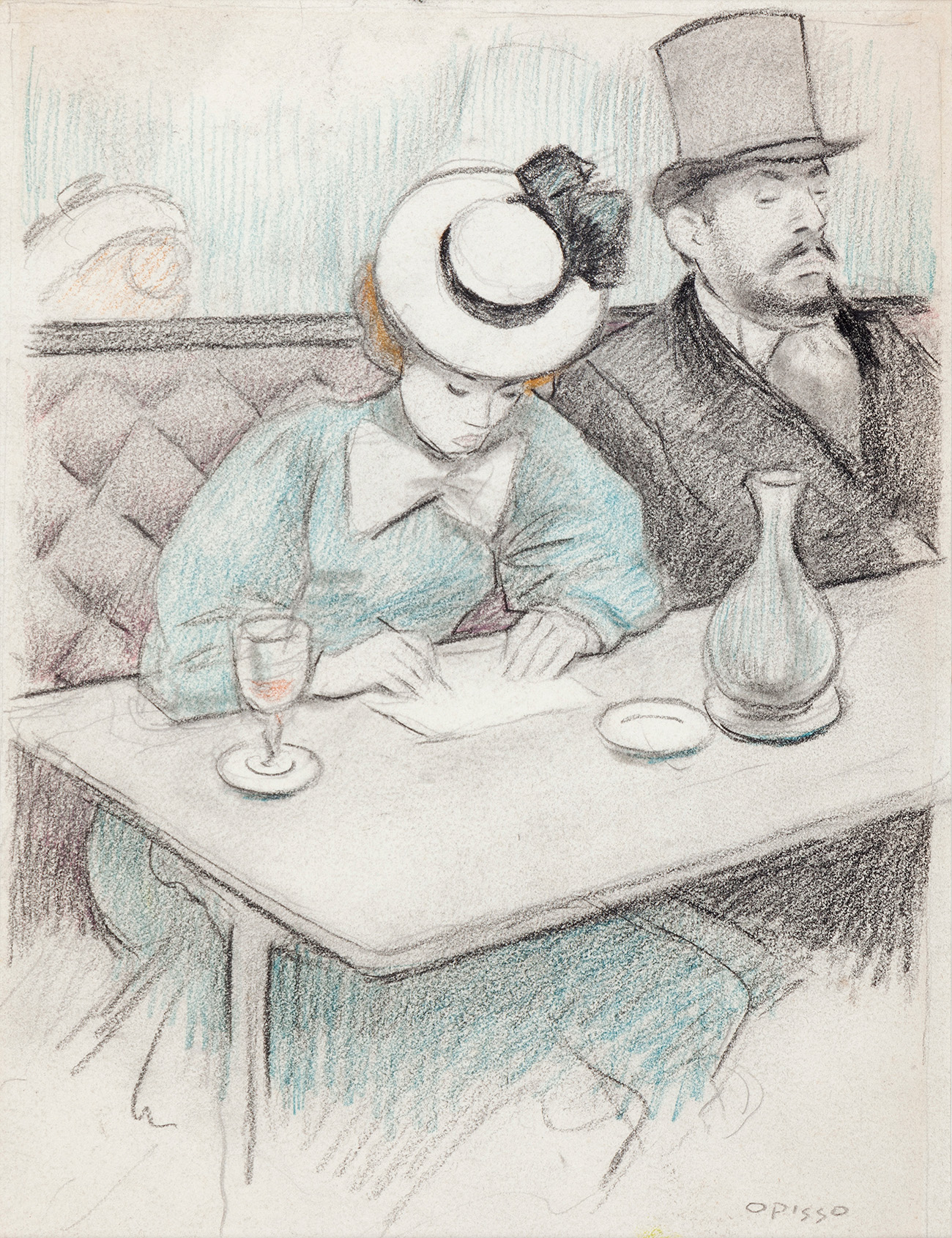 RICARDO OPISSO I SALA (Tarragona, 1880 - Barcelona, 1966)."Couple in a Parisian café".Pencil and