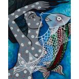 ALICIA LEAL (Cuba, 1957)."Woman and fish".2005.Acrylic on canvas.Signed in the lower right corner