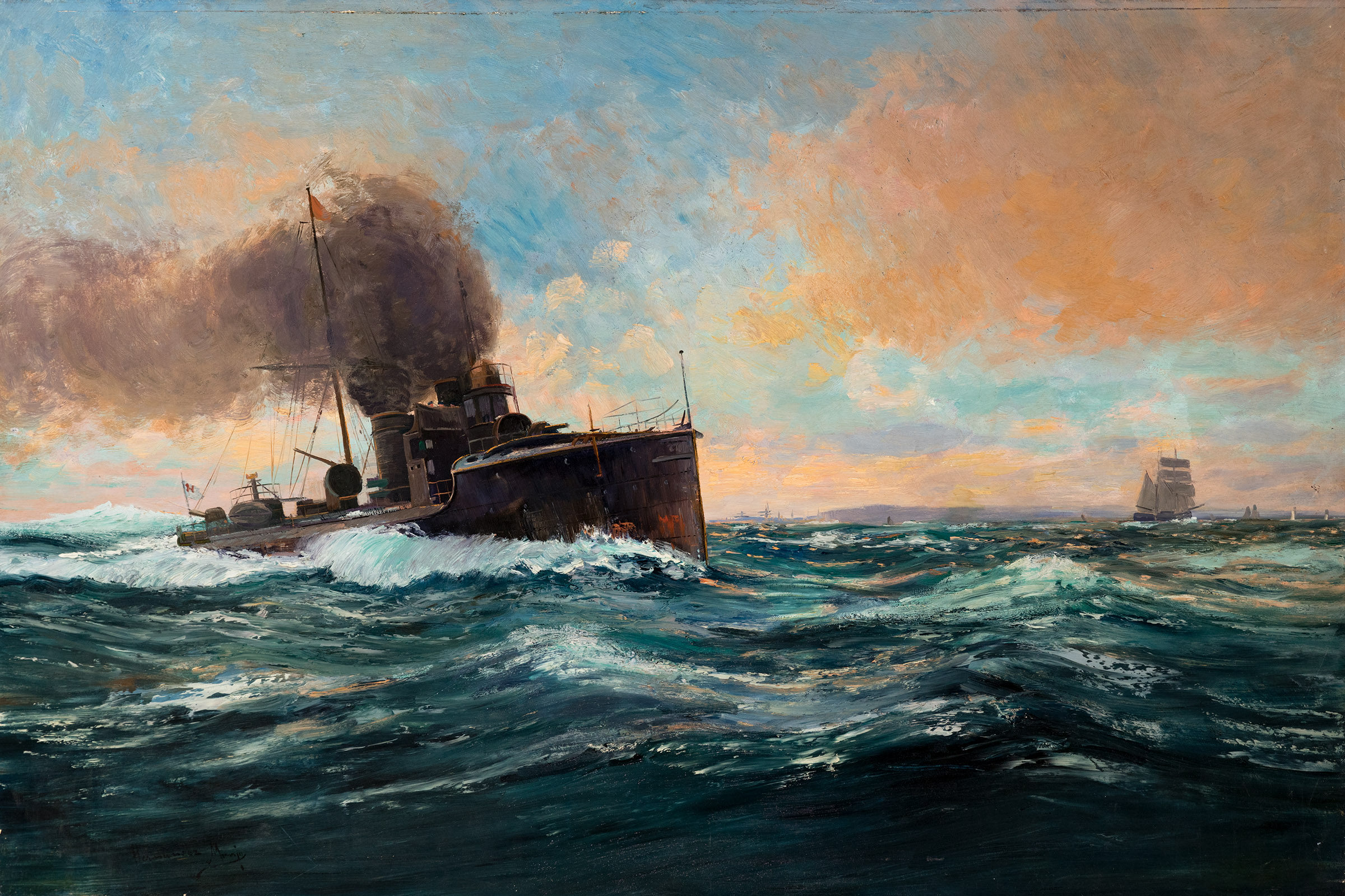 FRANCISCO HERNÁNDEZ MONJÓ (Mahón, Menorca, 1862 - Barcelona, 1937)."Naval scene".Oil on canvas.It