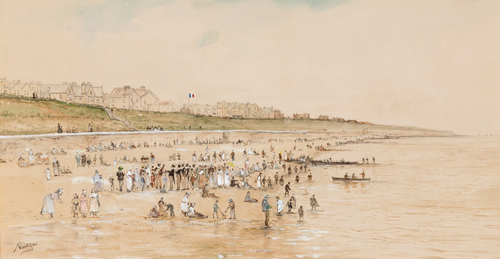 JOSE VILLEGAS CORDERO (Seville, 1848 - Madrid, 1921)."Biarritz Beach", c.1910.Watercolour on paper.