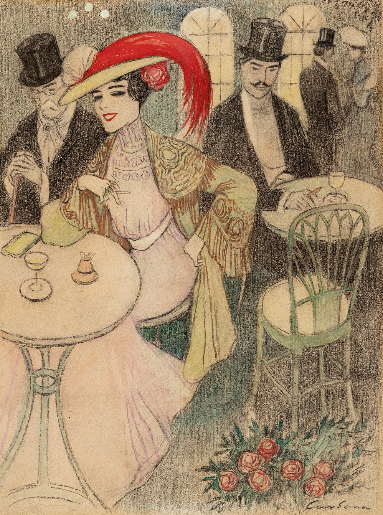 JOAN CARDONA I LLADÓS (Barcelona, 1877 - 1957)."Parisian café scene".Coloured pencils on paper.