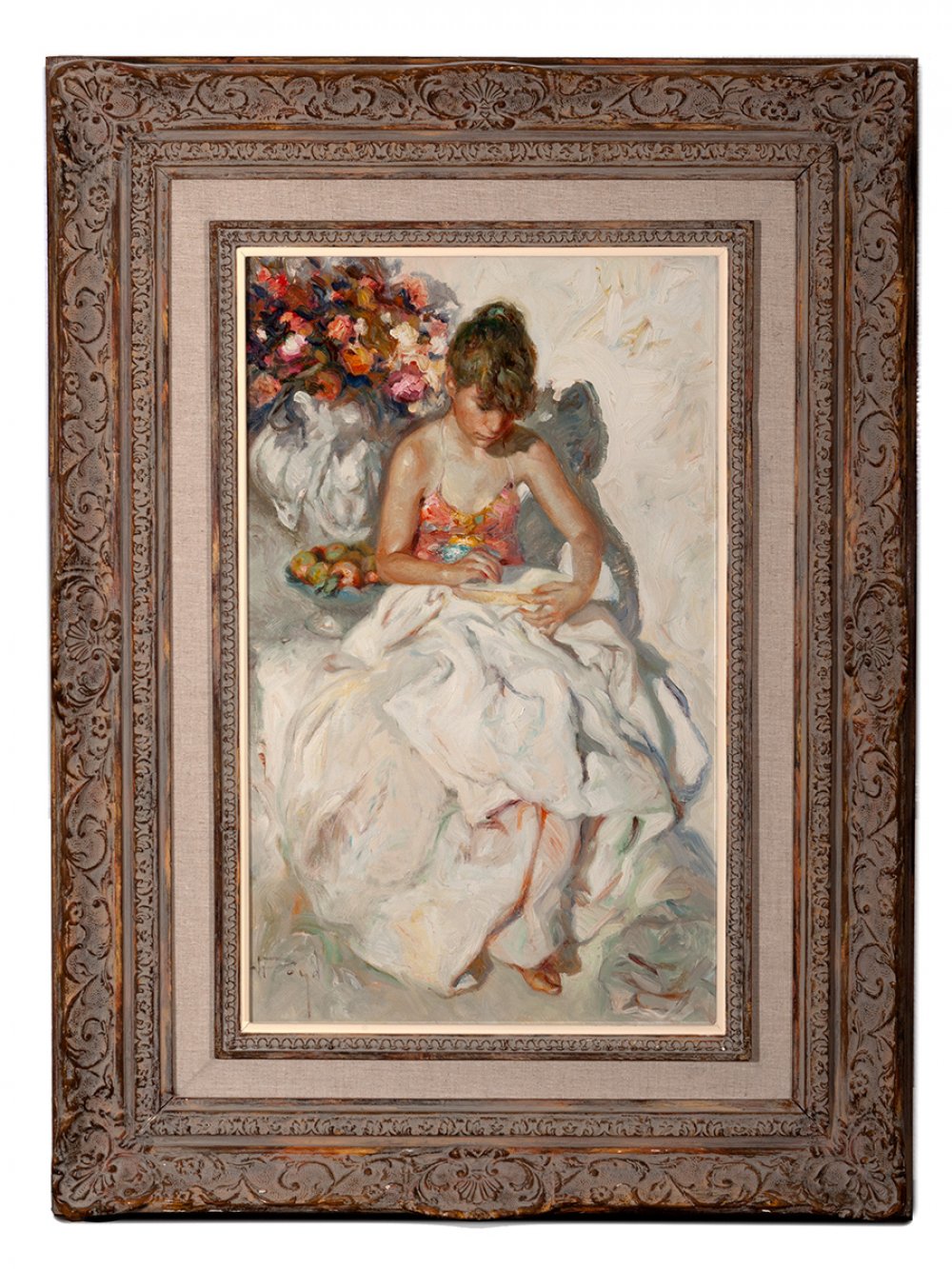 JOSÉ ROYO (Valencia, 1945)."Young woman embroidering".Oil on canvas.Signed in the lower left - Image 3 of 5