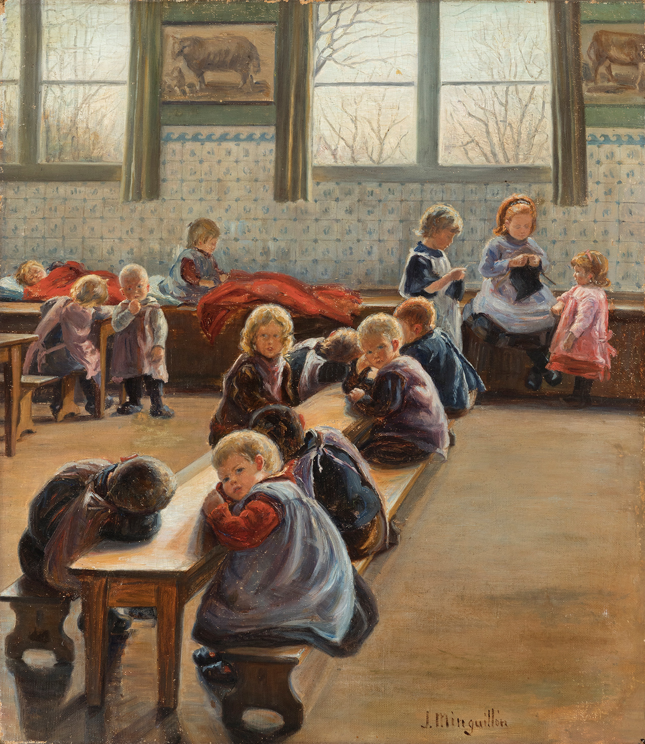 JULIA MINGUILLÓN IGLESIAS (Lugo, 1907 - Madrid, 1965)."Children at school".Oil on canvas.Presents