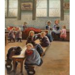 JULIA MINGUILLÓN IGLESIAS (Lugo, 1907 - Madrid, 1965)."Children at school".Oil on canvas.Presents