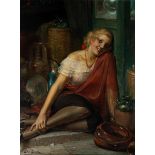 JULIO BORRELL PLA (Barcelona, 1877 - 1957)."Woman among jugs".Oil on canvas.Signed in the lower left
