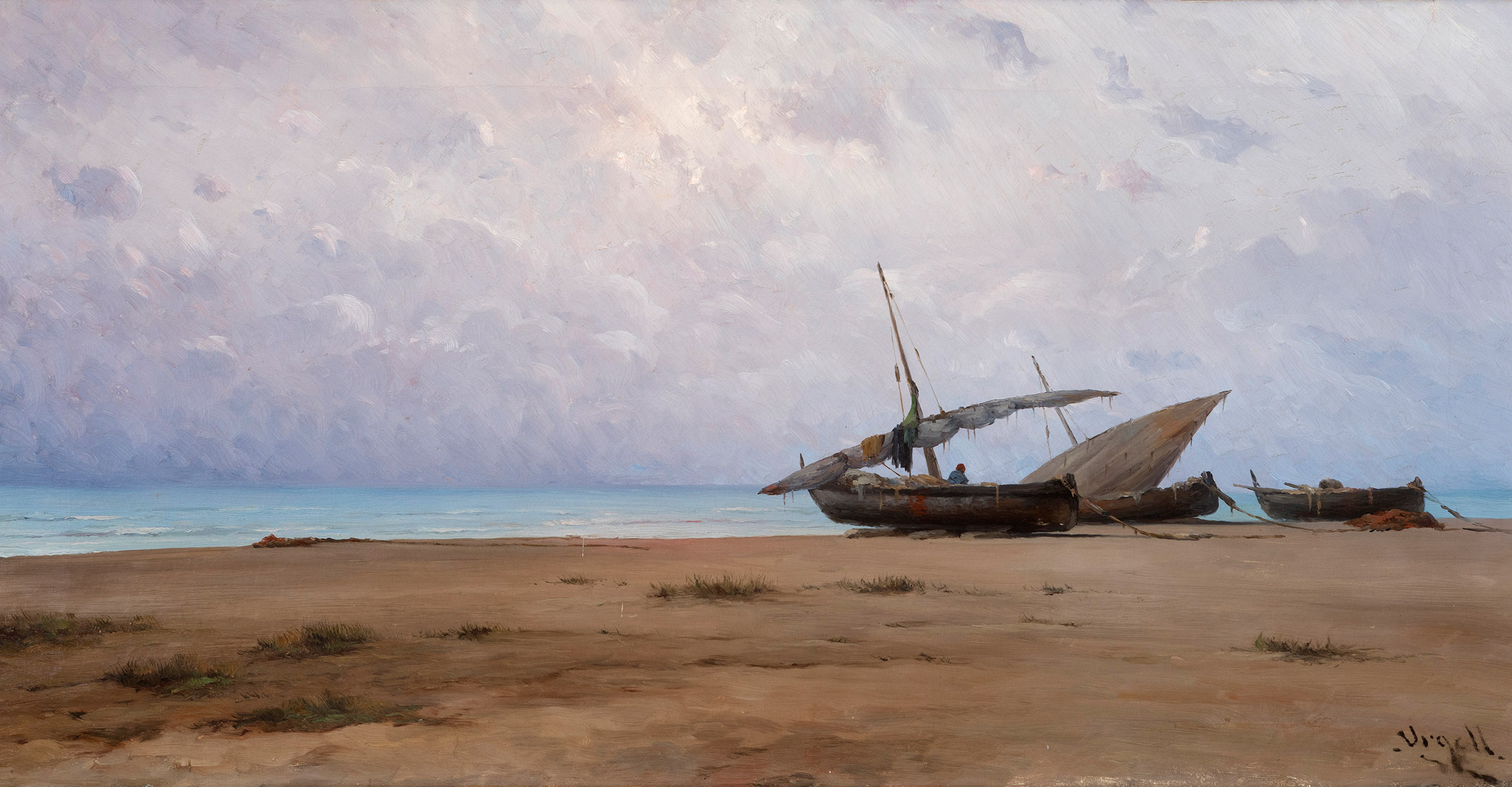 MODEST URGELL INGLADA (Barcelona, 1839 - 1919)."Boat on the Beach".Oil on canvas.Signed in the lower