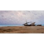 MODEST URGELL INGLADA (Barcelona, 1839 - 1919)."Boat on the Beach".Oil on canvas.Signed in the lower