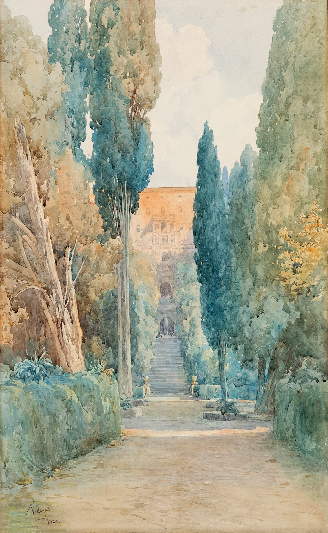 JOSÉ VILLEGAS CORDERO (Seville, 1848 - Madrid, 1921)."Villa d' Este".Watercolour on paper.Attached