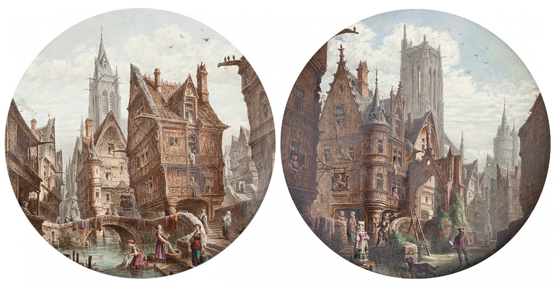 ALPHONSE CHAIGNON (Paris, 1828-1898)."Architectural Fantasies", 1882.Pair of paintings on