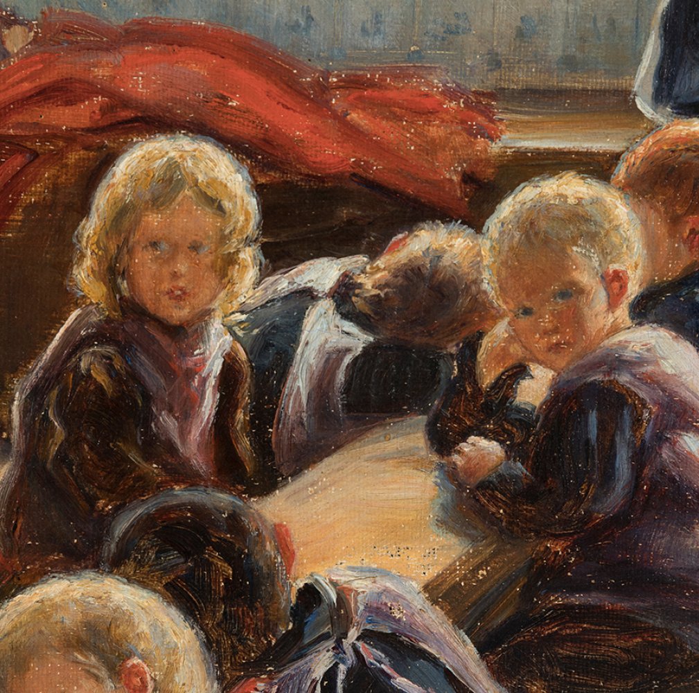 JULIA MINGUILLÓN IGLESIAS (Lugo, 1907 - Madrid, 1965)."Children at school".Oil on canvas.Presents - Image 4 of 7