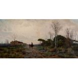 AURELI TOLOSA Y ALSINA (Barcelona, 1861 - 1938)."Landscape and figures at dusk".Oil on canvas.Signed