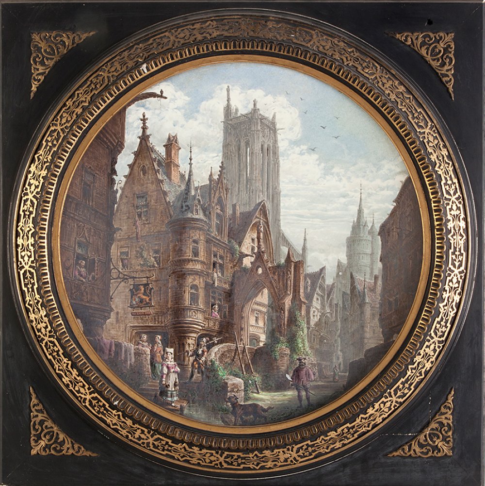 ALPHONSE CHAIGNON (Paris, 1828-1898)."Architectural Fantasies", 1882.Pair of paintings on - Image 6 of 6