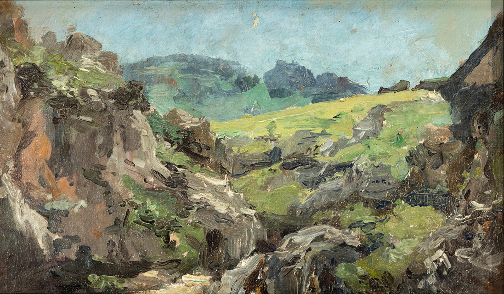 FRANCESC GIMENO I ARASA, (Tortosa, Tarragona, 1858 - Barcelona, 1927)."Mountain landscape".Oil on