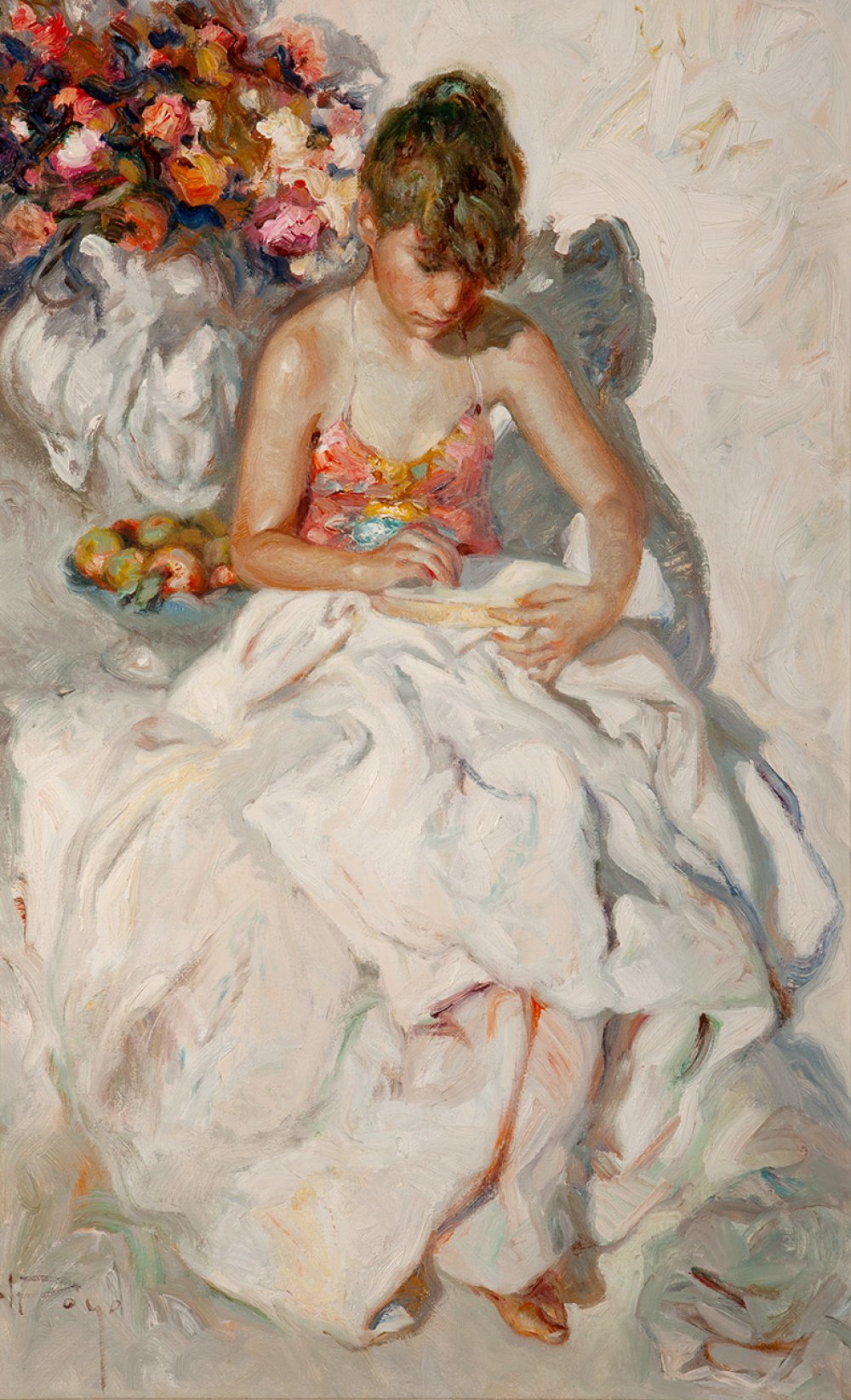 JOSÉ ROYO (Valencia, 1945)."Young woman embroidering".Oil on canvas.Signed in the lower left