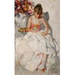 JOSÉ ROYO (Valencia, 1945)."Young woman embroidering".Oil on canvas.Signed in the lower left