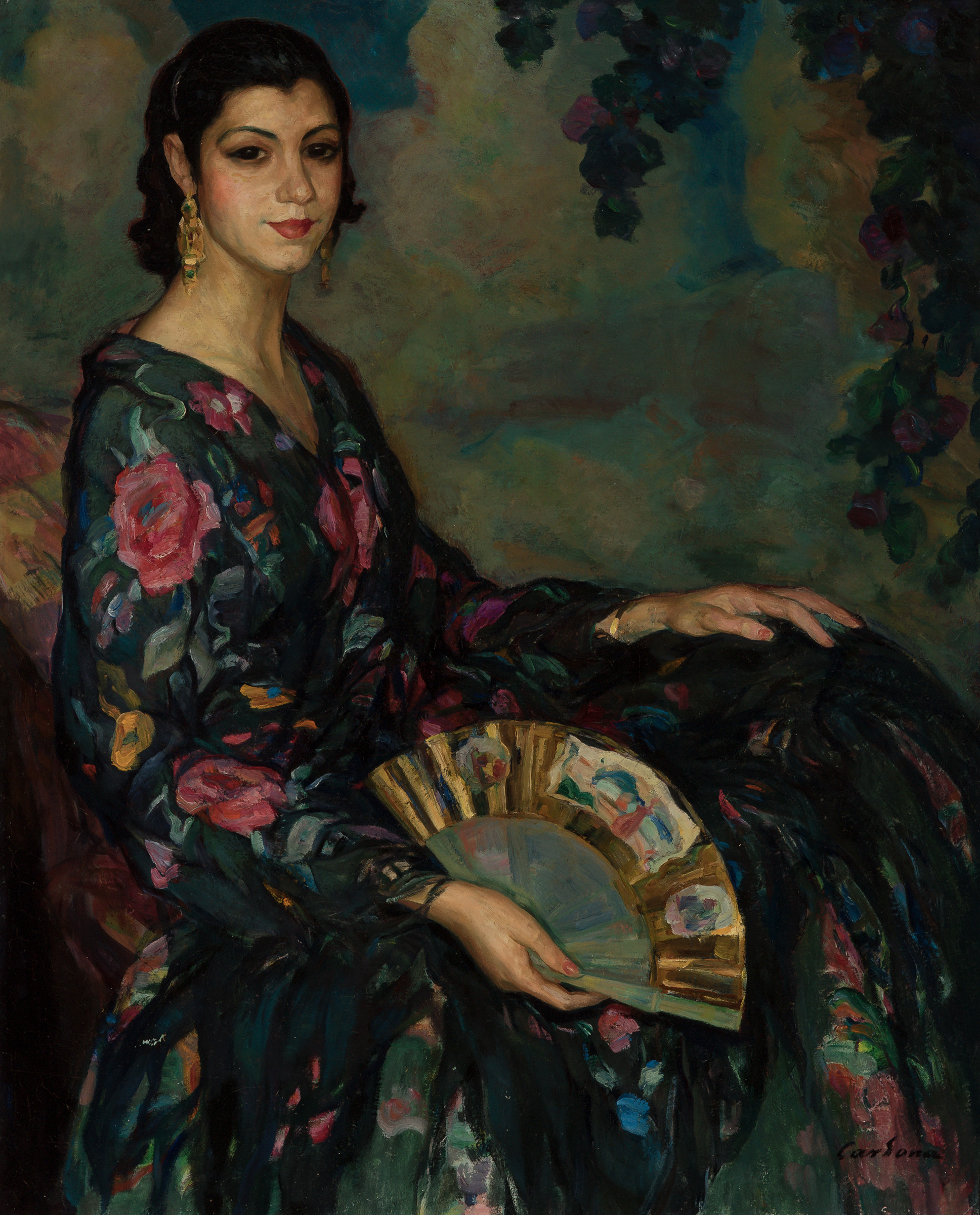 JOAN CARDONA I LLADÓS (Barcelona, 1877 - 1957)."Lady with mantilla",Oil on canvas.Signed in the