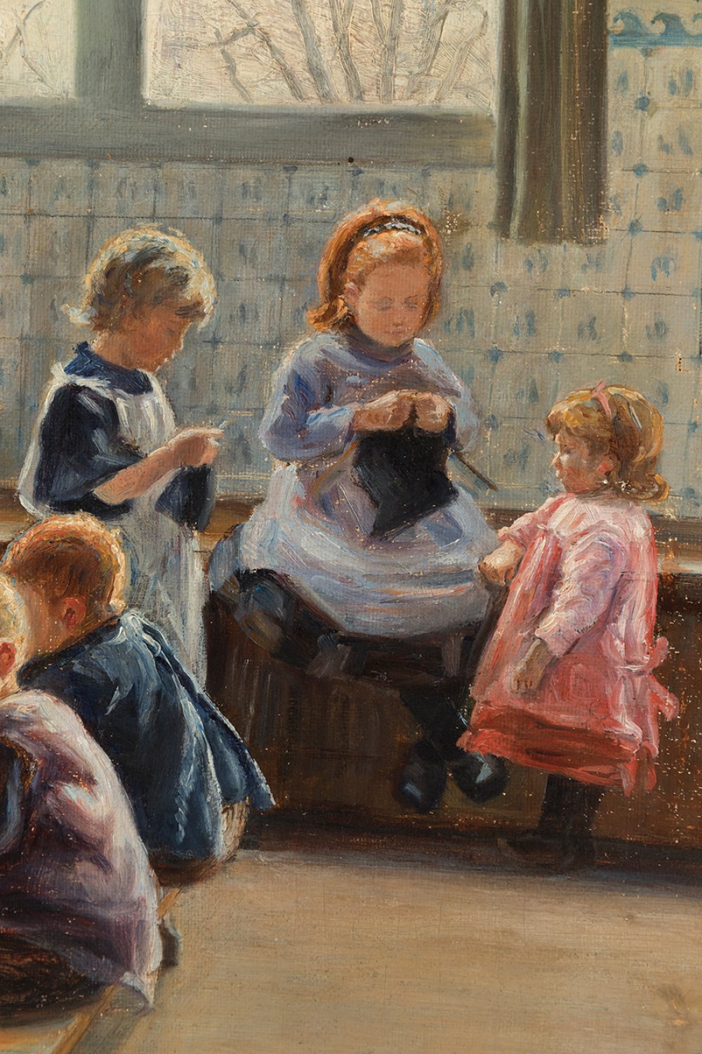 JULIA MINGUILLÓN IGLESIAS (Lugo, 1907 - Madrid, 1965)."Children at school".Oil on canvas.Presents - Image 3 of 7