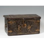 Colonial chest from the 17th century.Embossed and gilded leather, wood and wrought iron.
