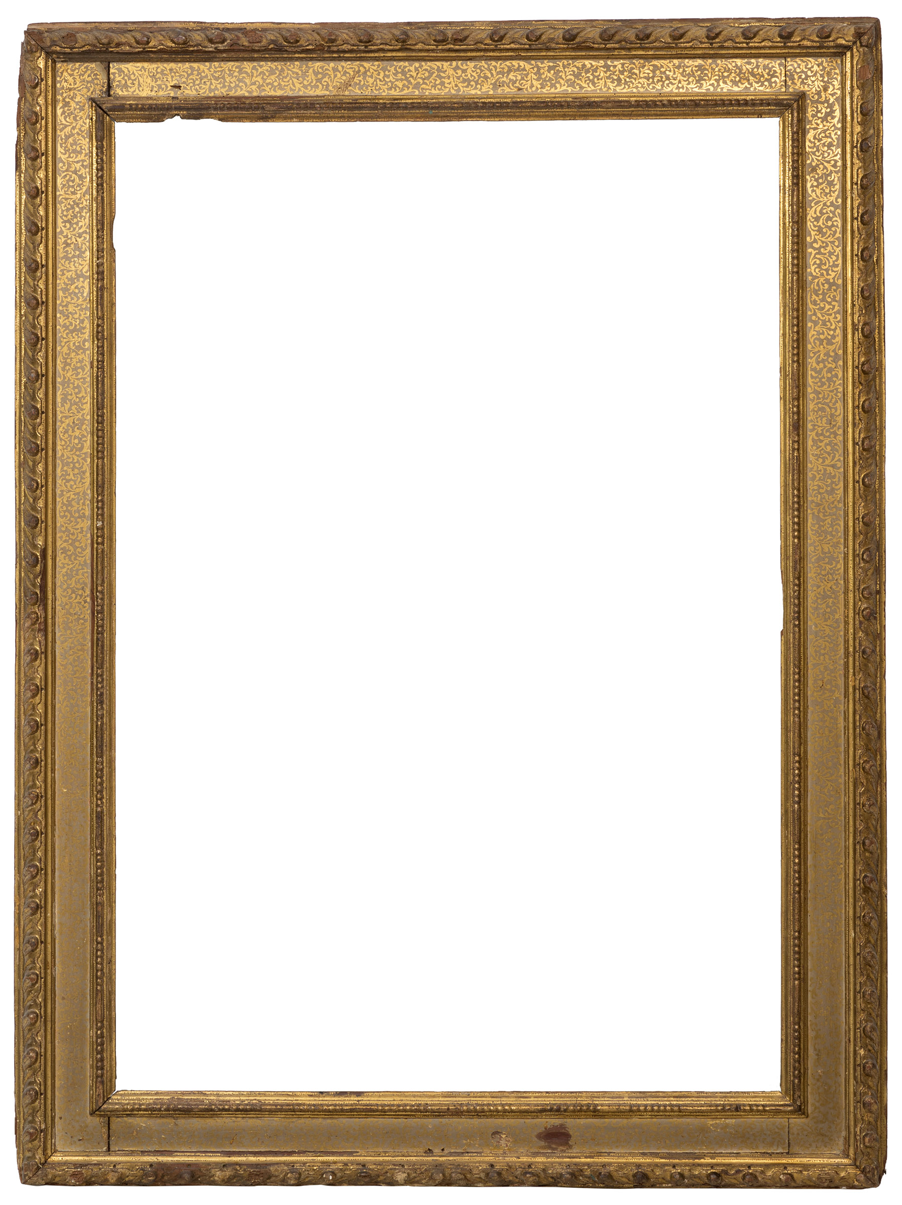 Frame; Italy, 18th century.Gilded carved wood.Gilding and carving losses.Preserves xylophagous