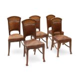 Set of five Art Nouveau chairs, ca.1900.Wood, marquetry and leather.Measurements: 96 x 41 x 41,5