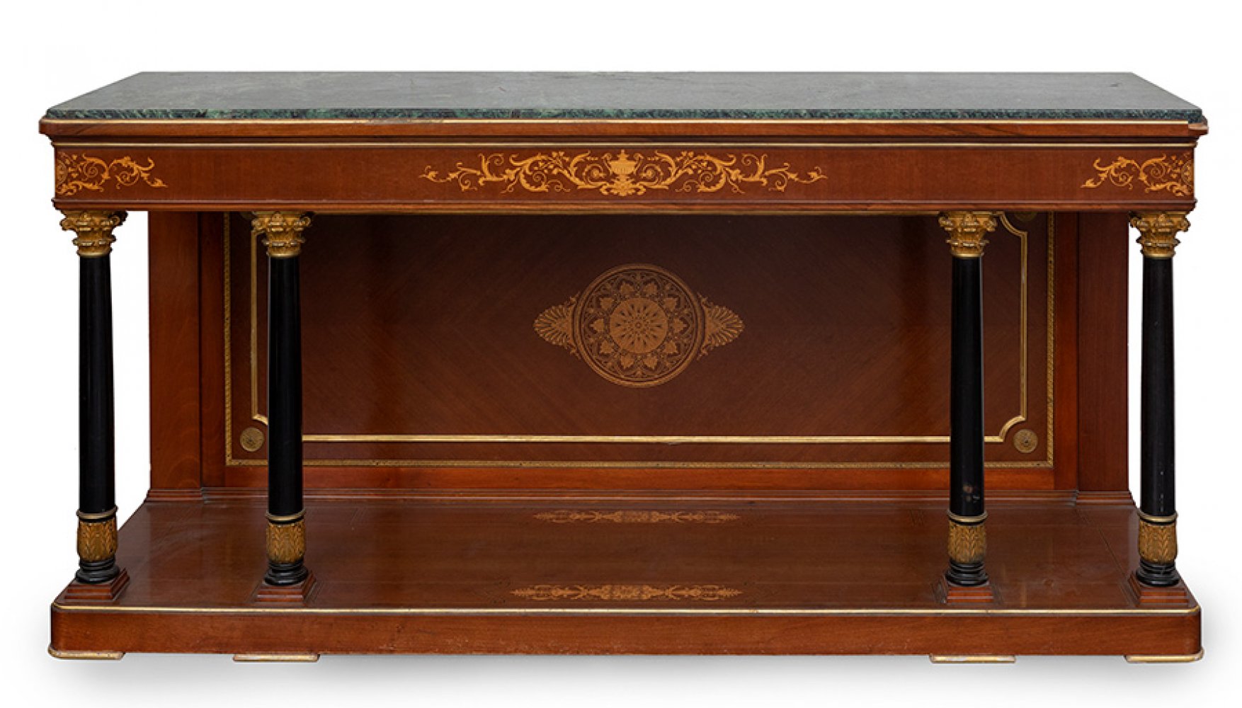 Empire style console table, mid 20th century.Gilded wood, ebonised, with marquetry and marble top. - Image 7 of 7