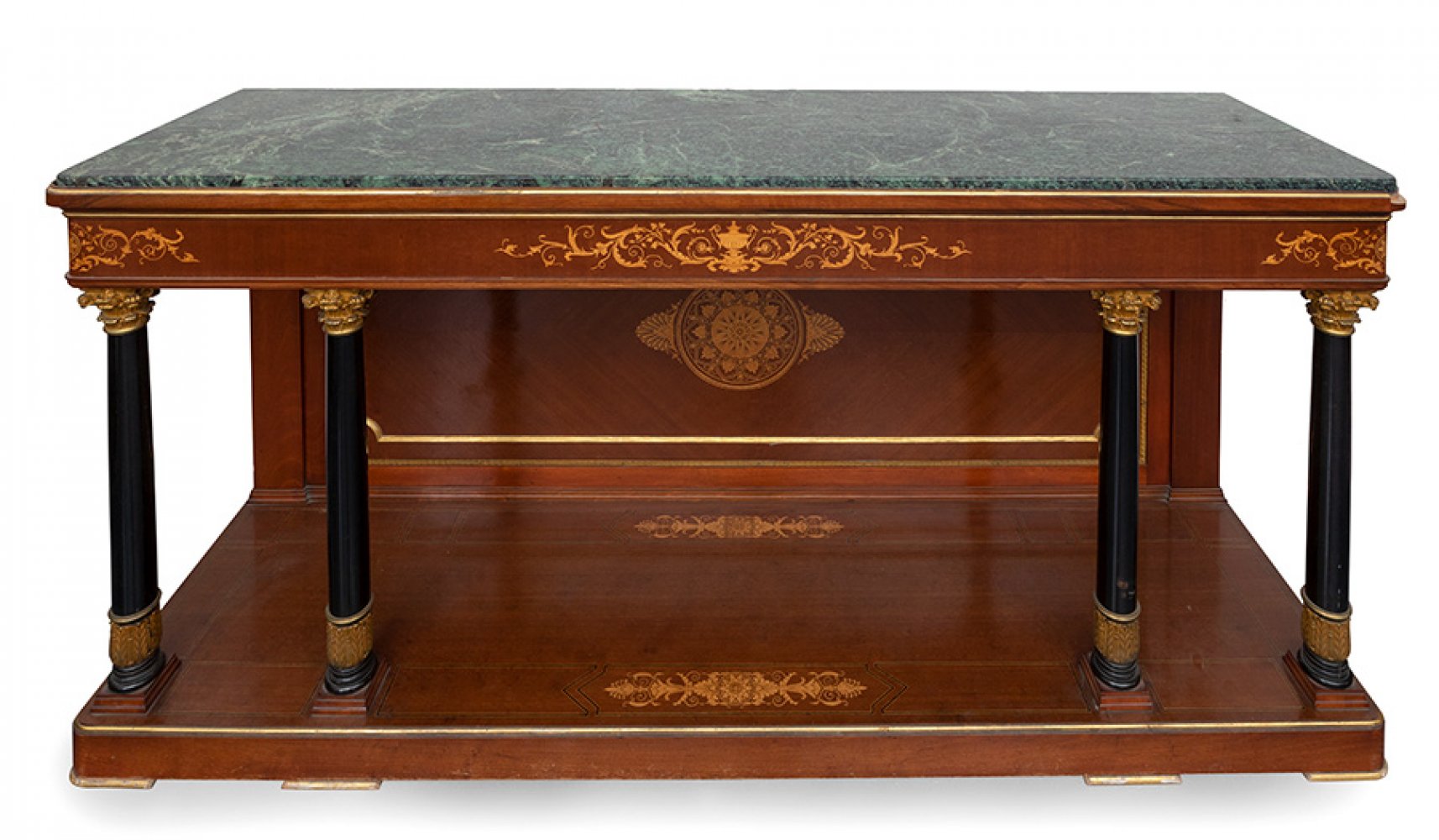 Empire style console table, mid 20th century.Gilded wood, ebonised, with marquetry and marble top. - Image 4 of 7