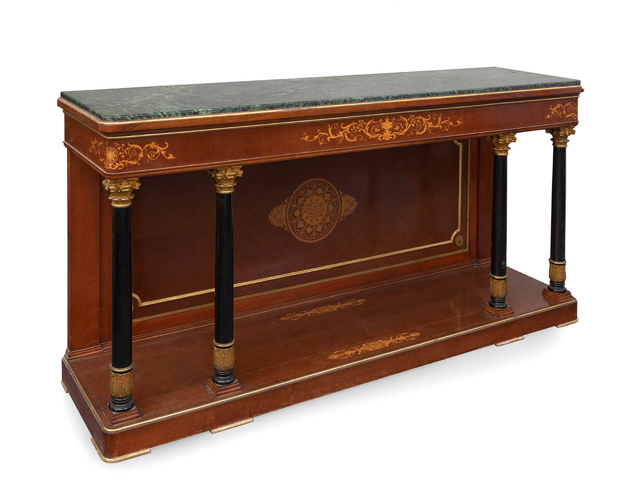 Empire style console table, mid 20th century.Gilded wood, ebonised, with marquetry and marble top.