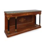 Empire style console table, mid 20th century.Gilded wood, ebonised, with marquetry and marble top.