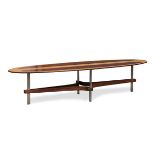 Coffee table; Italy, 1970s.Rosewood top. Chromed metal structure joined by curved wooden