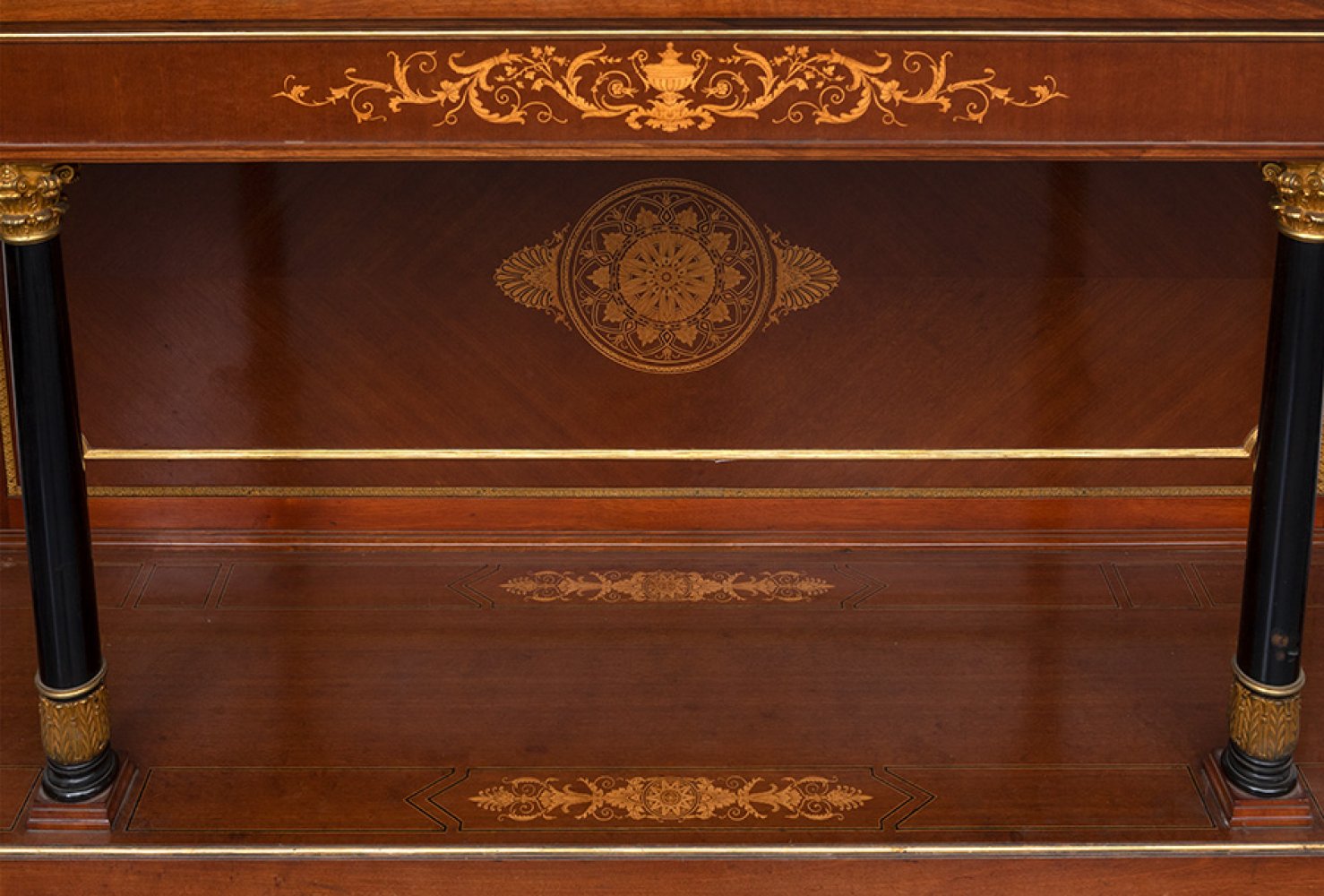 Empire style console table, mid 20th century.Gilded wood, ebonised, with marquetry and marble top. - Image 6 of 7