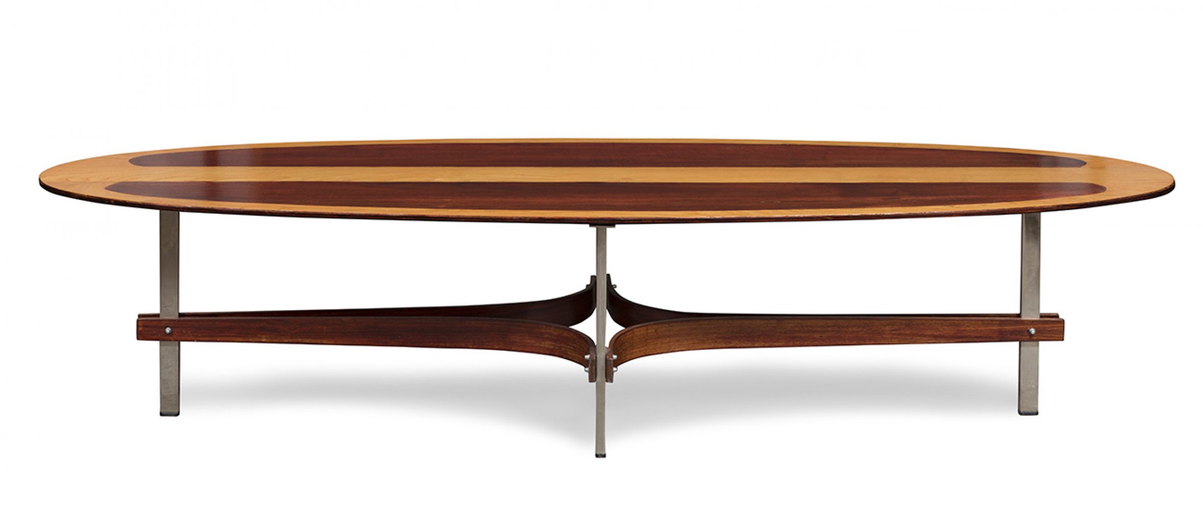 Coffee table; Italy, 1970s.Rosewood top. Chromed metal structure joined by curved wooden - Image 4 of 6