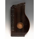 German zither, late 19th century.Ebony veneer.Strings missing. Without key.In its original leather