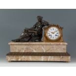 Table clock. France, 19th century.Marble, bluing bronze and gilt bronze.Dial signed: Bollotte.