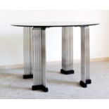 Coffee or living room table, Italian manufacture, 1970s.Chromed metal structure and smoked glass.The