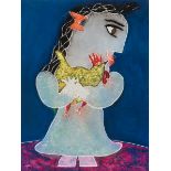 JOAN RIPOLLÉS (Castellón, 1932)."La chica del gallo".Mixed media on canvas.Signed in the lower