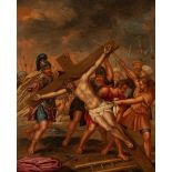 Flemish school; 17th century."The Elevation of the Cross".Oil on copper.It has slight repainting.
