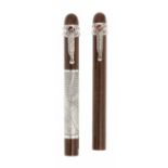 MONTEGRAPPA "CIGAR" FOUNTAIN PENS, LIMITED EDITION.Resin and sterling silver barrels.Bicolour 18 Kts