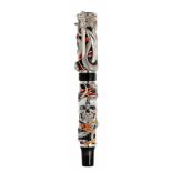 MONTEGRAPPA "CHAOS" FOUNTAIN PEN.Pearlised celluloid and silver barrel.Nib in 18 Kts gold, tip M.