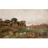 Italian school; 19th century."View of the Roman Forum".Oil on canvas.It has a portrait on the back.