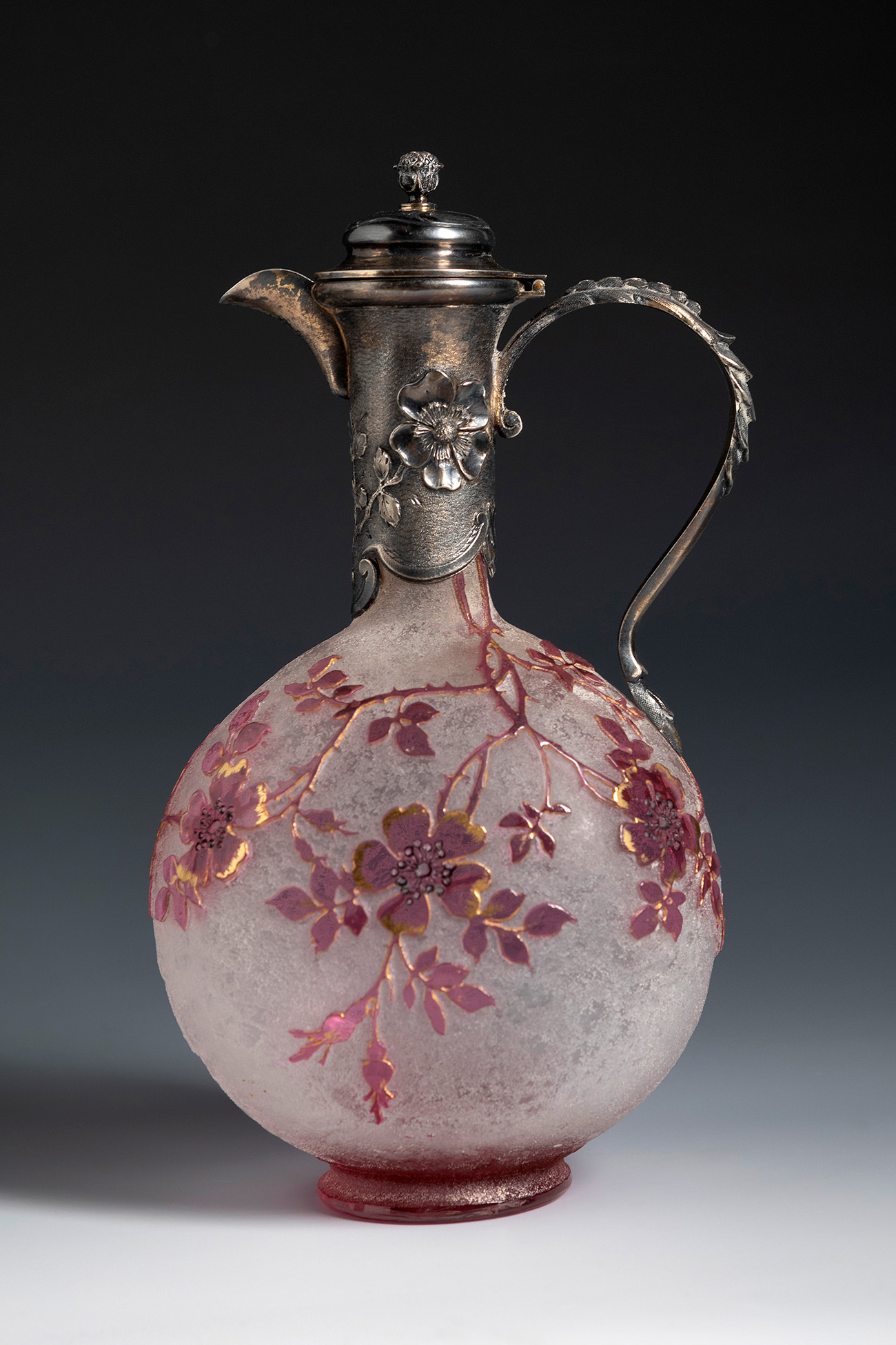 DAUM-Nancy. France, ca. 1900.Art Nouveau jug.Blown and enamelled glass.Signed on the reverse "Daum