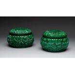HENRY SCHLEVOGT (1904 - 1984). Bohemia, ca. 1950.Two circular lidded boxes, in green malachite