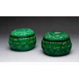 HENRY SCHLEVOGT (1904 - 1984) . Bohemia, ca. 1950.Two circular lidded boxes, in malachite moulded